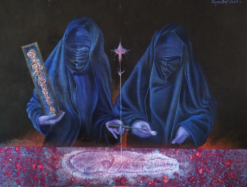 Sudičky 2024 (interpretace obrazu z roku 1995),120 x 90,# oil and structure on canvas.       