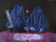 Sudičky 2024 (interpretace obrazu z roku 1995),120 x 90,# oil and structure on canvas.       