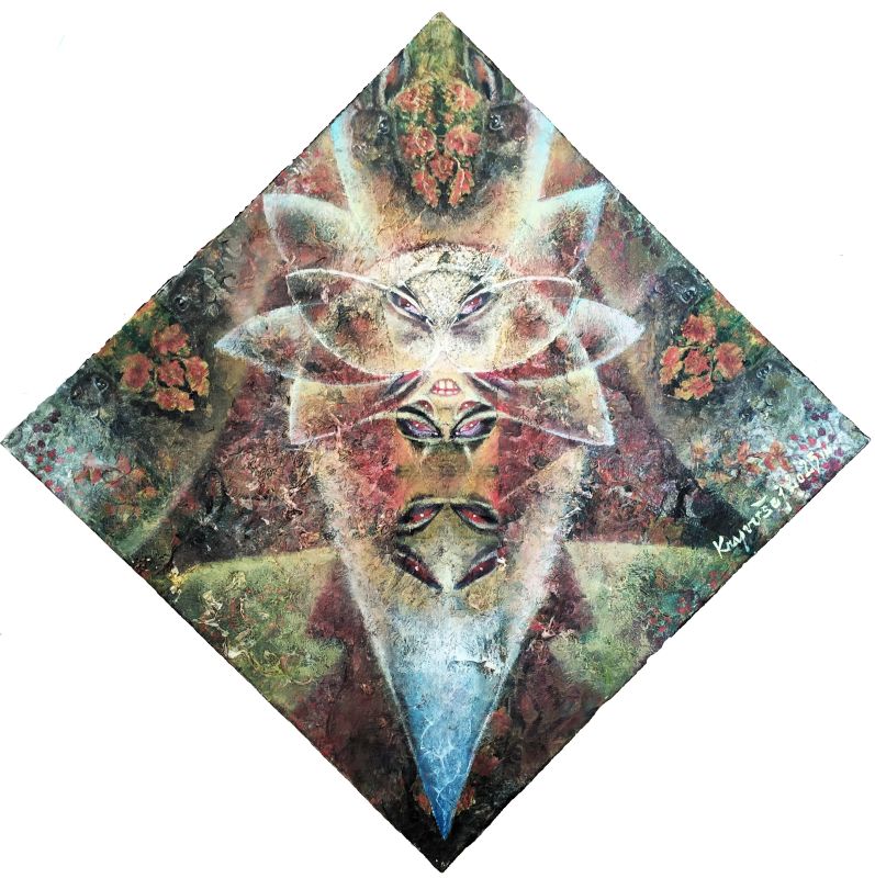 Phurba, 50x50---olej na plátně, komb. tech.