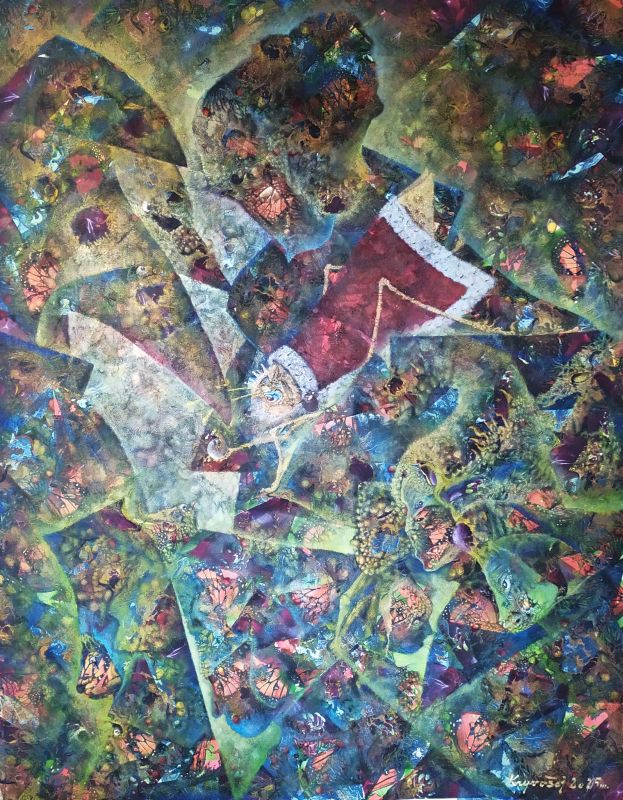 Motýlí královna - 165x130, olej na plátně, komb. tech.
