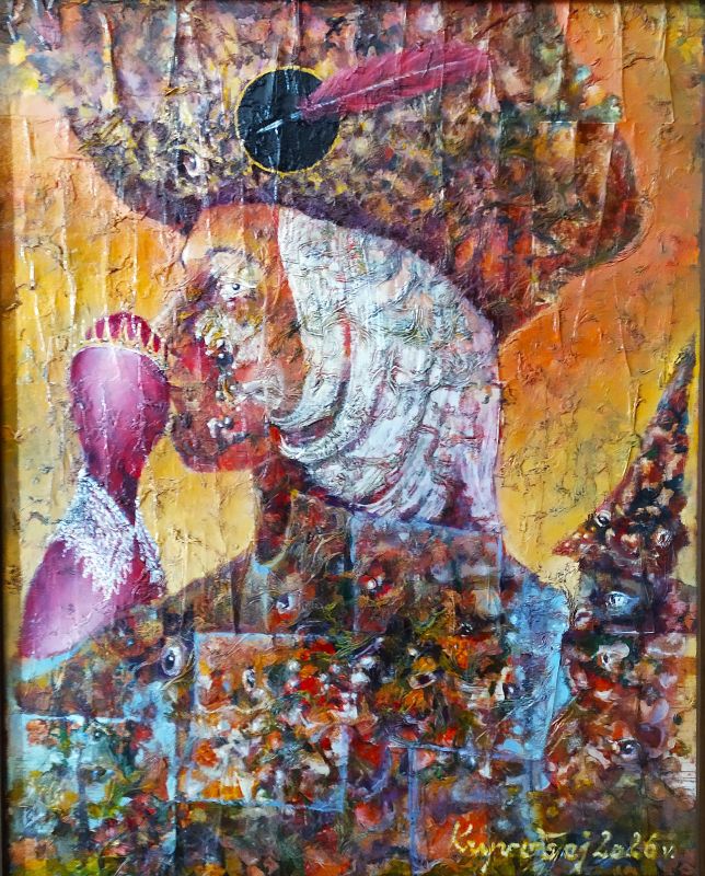 Raffael a múza 50 x 40----olej na plátně, komb. tech.