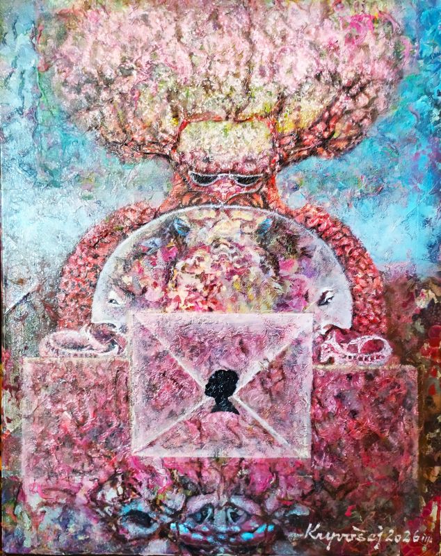 Milostné psaní, 50x40---olej na plátně, komb.tech.
