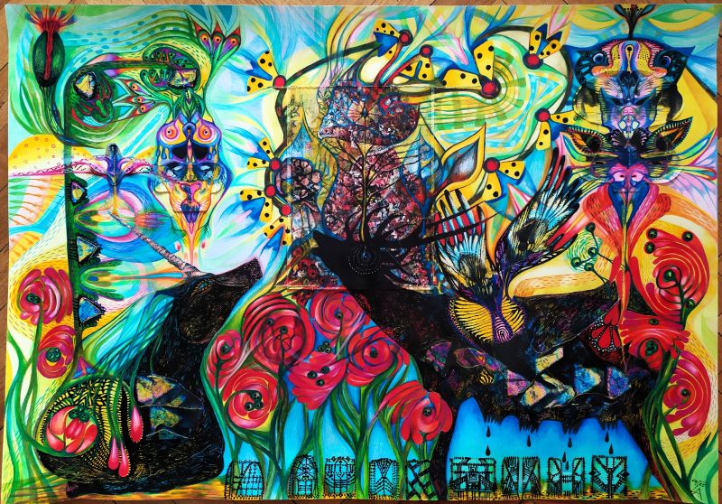 Setkání Slunce a Luny, za Tance můr. #Ve středu obraz Po říji od Leonidas Kryvošej ,komb. tech. 100 x 70.