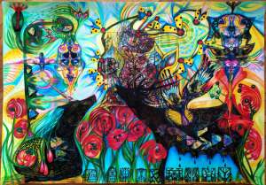 Setkání Slunce a Luny, za Tance můr. #Ve středu obraz Po říji od Leonidas Kryvošej ,komb. tech. 100 x 70.