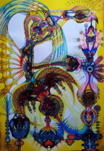 A tak pořád dokola, aneb jak uniknout orlovi...z cyklu oblíbení umělci, zde fragmenty obrazů M. Medka.# Komb.tech., 100 x 70.